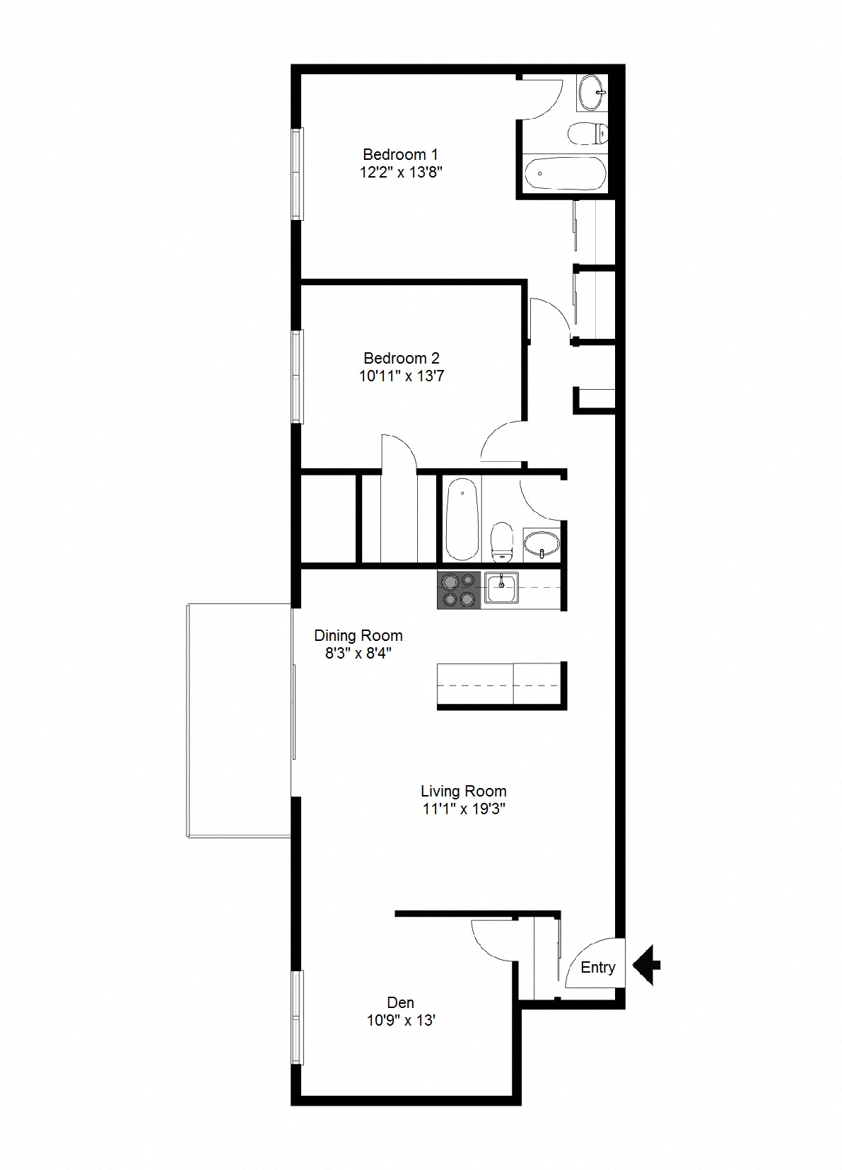 Floor plan for 2 beds, 2 baths, 1200 sqft